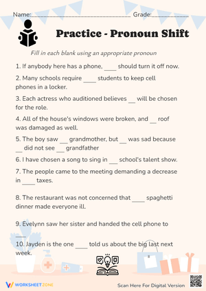 Pronoun Practice Worksheet: Fill-in-the-Blank Sentences (Grades 4-6)