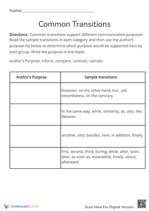 Author's Purpose: Identify Transitions Worksheet (Grades 5-7)