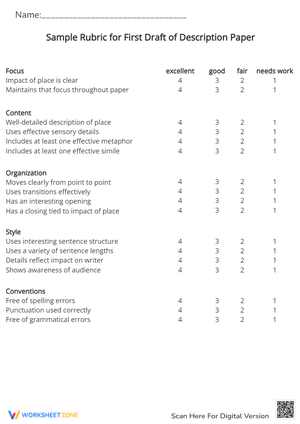 Descriptive Writing Rubric: First Draft Paper Evaluation Guide