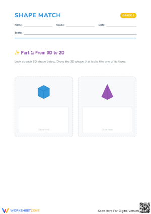 3D to 2D Shape Match Worksheet | Grade 1 Printable