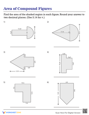 Calculate Areas of Compound Figures: Math Worksheet