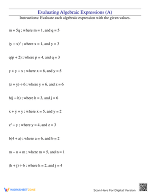 Algebra Evaluation Worksheet