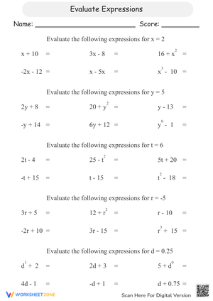 Evaluate Algebraic Expressions Worksheet
