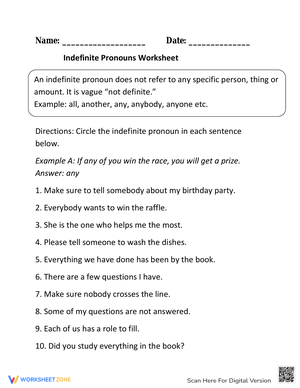 Identifying Indefinite Pronouns Worksheet
