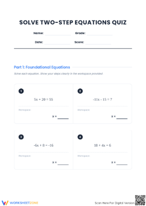 Solve Two-Step Equations Quiz | Essential Grade 7-8 Math