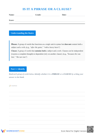 Phrases and Clauses Printable Worksheet | Grade 8 ELA
