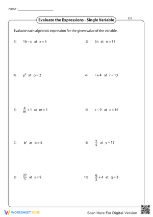 Evaluate the Expressions – Single Variable Worksheet