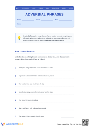 Adverbial Phrases Worksheet | Essential Grade 5-7 ELA