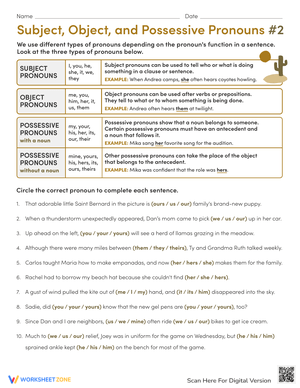Subject, Object, and Possessive Pronouns Worksheet