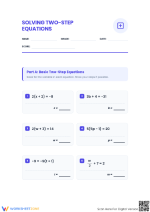 Printable Two-Step Equations Worksheet | Grade 7 Math