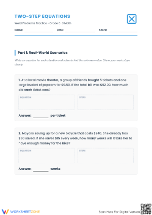 Printable Two-Step Equations Word Problems | Grade 7 Math