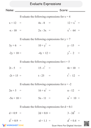 Evaluate Expressions Worksheet (Multi-Variable Practice)