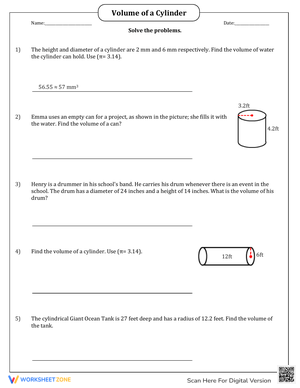 Cylinder Volume Word Problems