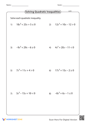 Interactive Quadratic Inequalities Worksheet