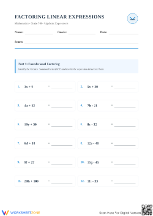 Factoring Linear Expressions Worksheet | Grade 7-8 Essential