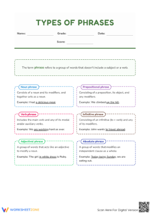 Types of Phrases Worksheet | Grade 7 ELA Printable