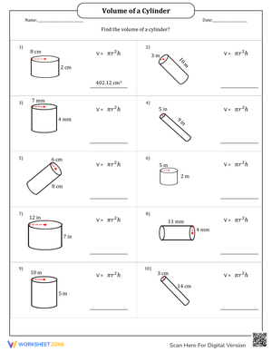 Find the Volume of a Cylinder Worksheet