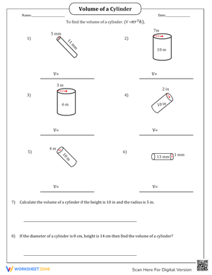 Calculating Volume of a Cylinder Worksheet