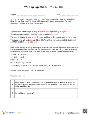 Writing Equations Worksheet for Word Problem Practice