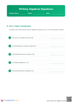 Writing Equations Worksheet | Grade 6-7 Essential Math
