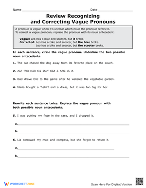 Recognizing and Correcting Vague Pronouns Worksheet