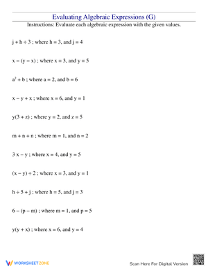 Evaluate Algebraic Expressions (Set G)