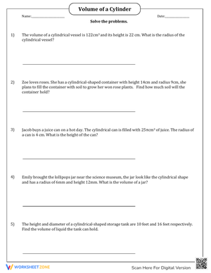 Volume of a Cylinder Word Problems Worksheet