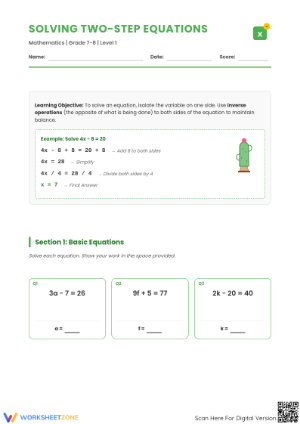 Solving Two-Step Equations Worksheet | Grade 7 Essential