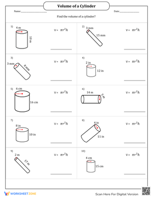 Volume of a Cylinder Practice Worksheet