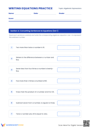Writing Equations Worksheet | Grade 6-7 Essential