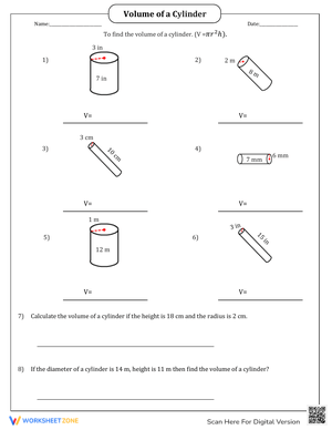 Volume of a Cylinder Worksheet
