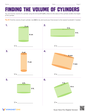 Finding the Volume of Cylinders Worksheet