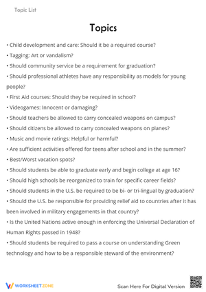 Debate Topics Worksheet: Critical Thinking & Discussion Starters