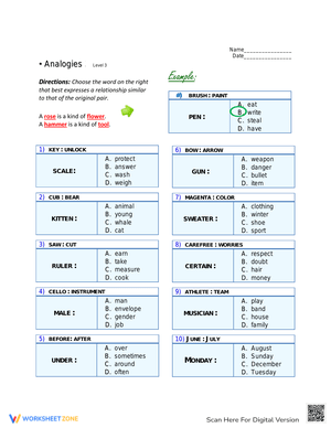 Grade 3 Analogies Worksheet
