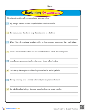 Explaining Oxymorons Worksheet