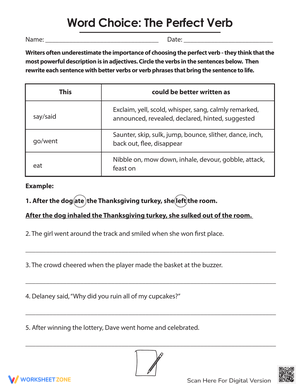 Word Choice: The Perfect Verb Worksheet