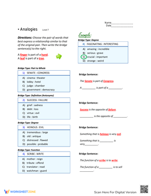 Grade 7 Analogies Worksheet