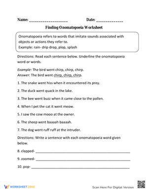 Finding Onomatopoeia: Sound Words Worksheet