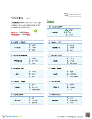 Grade 1 Analogies: Easy Practice Worksheet