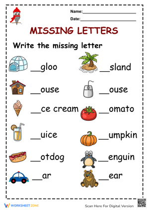 Missing Letter Worksheets: Complete the Word