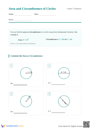 Area and Circumference of Circles | Grade 7 Printable