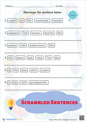 Reordering Scrambled Sentences Grammar Practice Worksheet