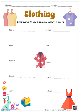 Clothing Unscramble - Vocabulary Worksheet for Kids (K-1)