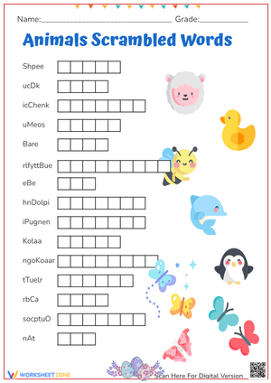 Sheep Duck Chicken Mouse Bear Butterfly Bee Dolphin Penguin Koala Kangaroo Turtle Crab Octopus Ant