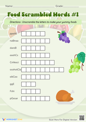 Food Scramble Puzzle - Unscramble the Yummy Words! Grades 1-3