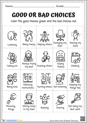 Good or Bad Choices Coloring Worksheet – Learn Classroom Behavior