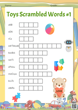 Toys Scramble: Unscramble the Toy Words! Fun Activity for Kids