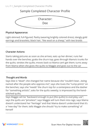 Dee' Character Analysis Worksheet - Grades 6-8 Literary Study