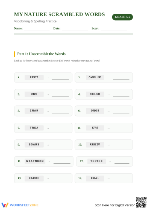 Nature Vocabulary Worksheet | Grade 5-6 Essential