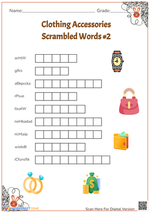 Clothing Accessories: Unscramble the Words #2 - Fun Vocabulary!
